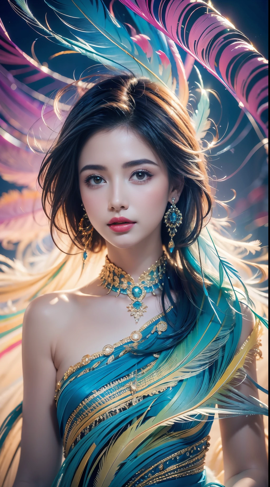 8k，1 sister,(earrings feather:1.2),(tmasterpiece, quality, Best quality, offcial art, Beautiful and beautiful:1.2),very detailed nipples,(s fractal art:1.1),(Colorful:1.1),Feather background,
