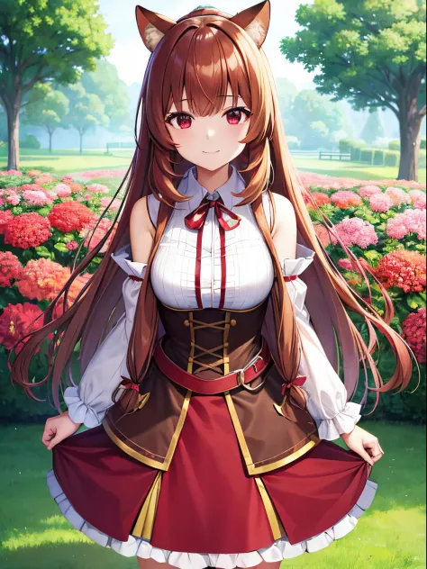 masutepiece, Best Quality, Animal ears、Raphtalia, western clothes, ribbon-trimmed sleeves, Red skirt, Skirt, arms on either side of the waist, Leaning forward, Smile, Outdoors, florals, Beautiful flowers々Park in full bloom, front-facing view、absolute refer...