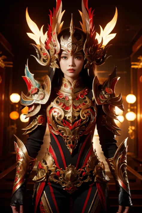 An Indonesian-styled futuristic suit worn by a girl depicting cultural fusion and modern fashion. The suit is adorned with intri...