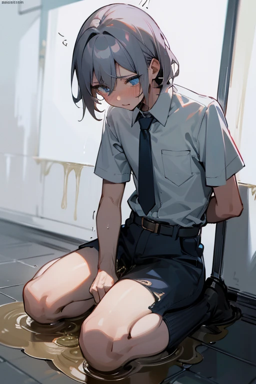 （1 male），A high resolution， Sharp focus， Pixiv masterpiece， （（Complicated details））， highly detailed， natsukubaru， 1 man，Defeat， crestfallen，full bodyesbian，kneels on the ground， Sweaty crotch，Pee on the legs，pissing，Urine runs down the thighs，embarressed，exhilarated， shocked，panicking，worry，A small puddle of their own urine forms around the feet，Urine runs down the crotch，Drenched，rain，The shirt soaked，（A gesture of pleading），blue color eyes（eyes glowing）， Short gray hair，white shirt，Wear a tie，Wear a belt，perspire，look from down
