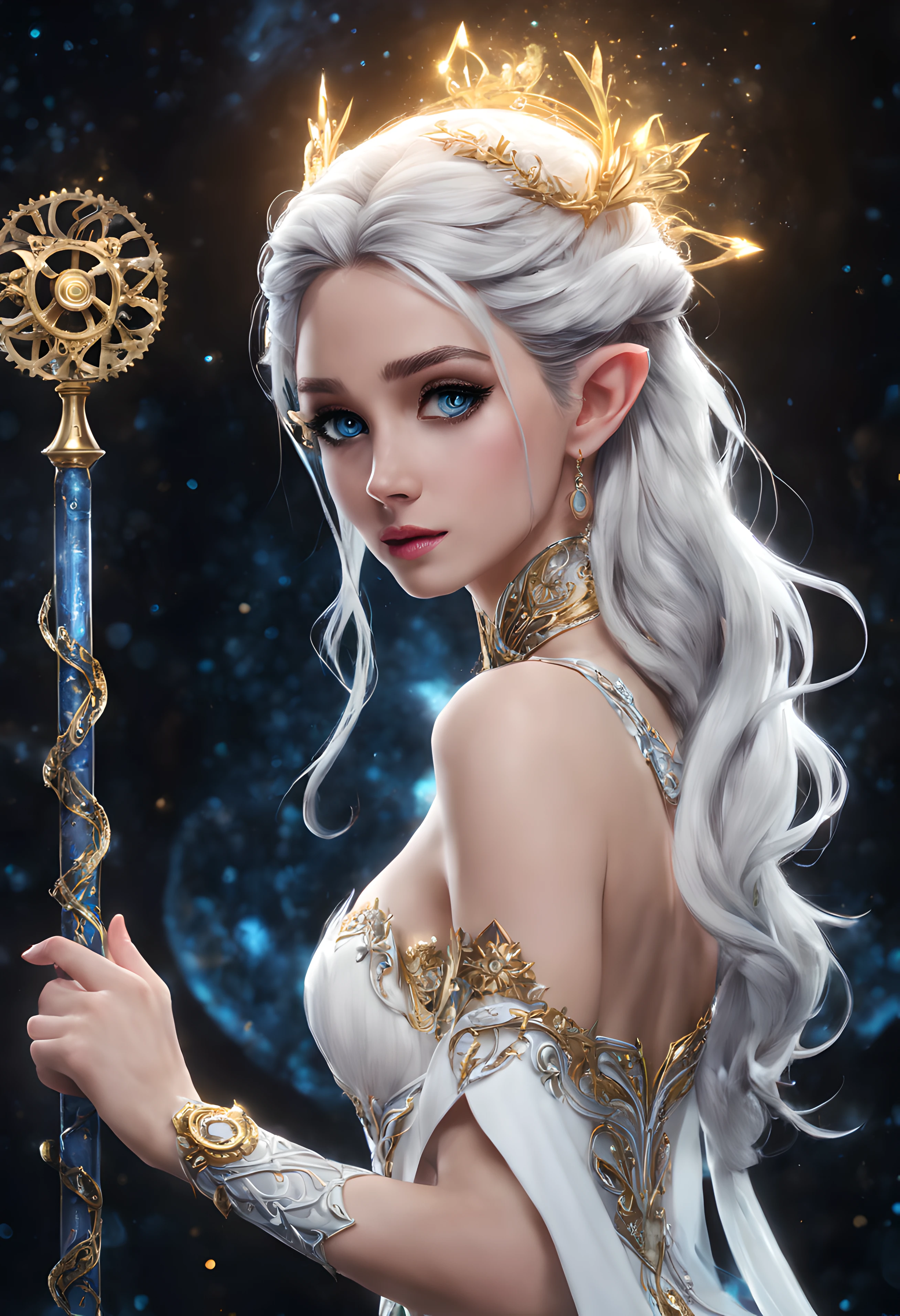 An image of a fantastic female character with a dynamic pose, Showcasing the fusion of technology and magic. She has silver hair styled in intricate braids。。, big expressive blue eyes, Pointed ears reminiscent of elf lineage. She、She、Delicate gold trim and heart-shaped pink accents along the neckline、hali々She is wearing a royal white dress.。。. In her hand, She gracefully wields an ornate staff that looks like a combination of ancient texts and mechanical gears.。.。, Sparkling magical power emanating from the core. The background is a swirling constellation, suggests she casts a powerful spell. The overall atmosphere is mysterious and enchanting