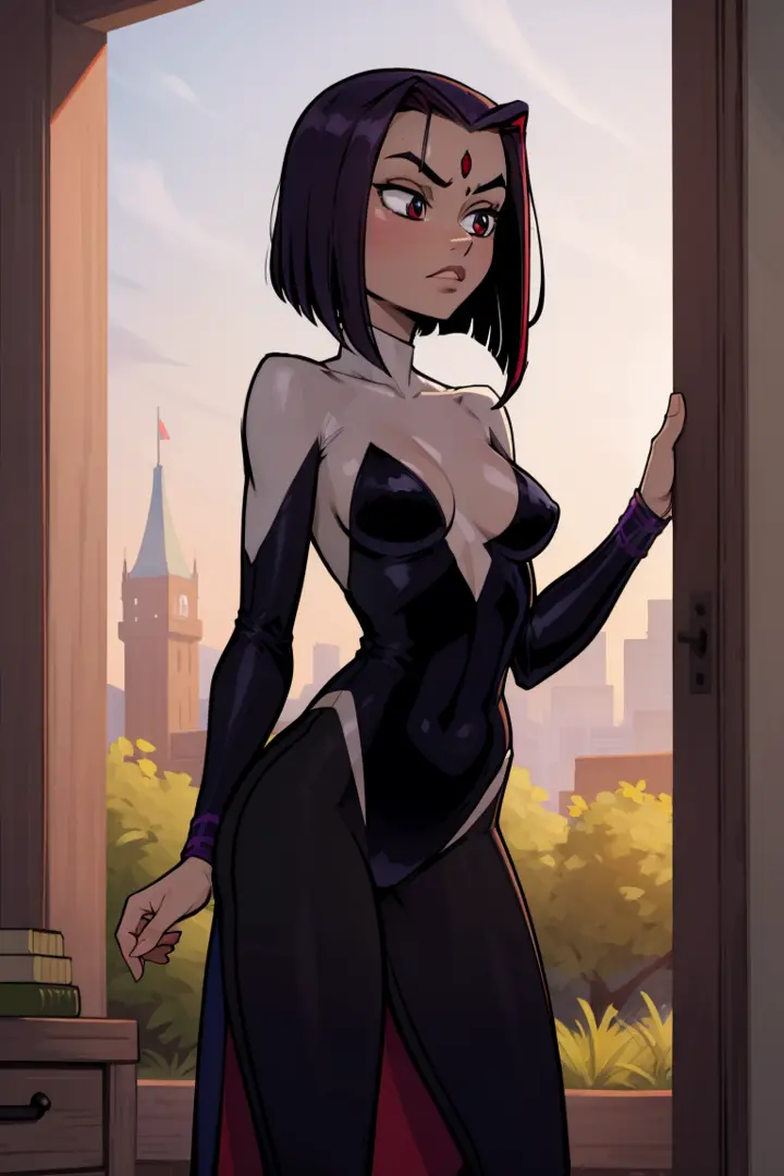 Raven wearing Spidergwen costume, Raven costume, red jewel on forehead, flat chested