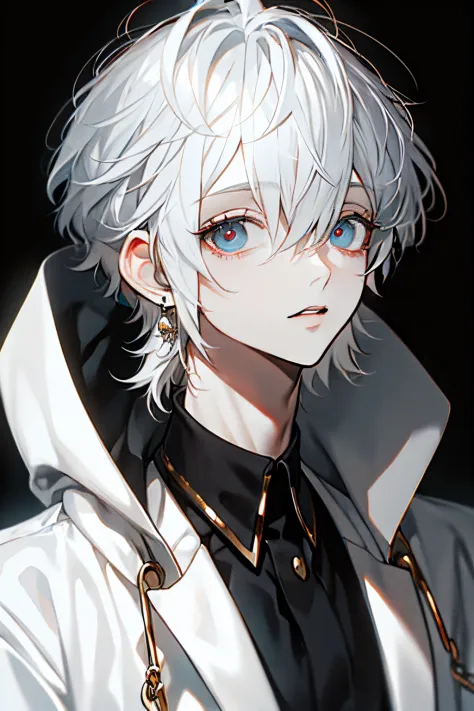 Masterpiece, best quality, high quality, ultra detailed, 1Boy, white hair, cute, black clothes, lots of earrings, looking at vie...