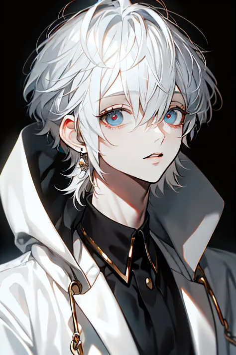 masterpiece, best quality, high quality, ultra detailed, 1boy, white hair, cute, black clothes, lots of earrings, looking at vie...