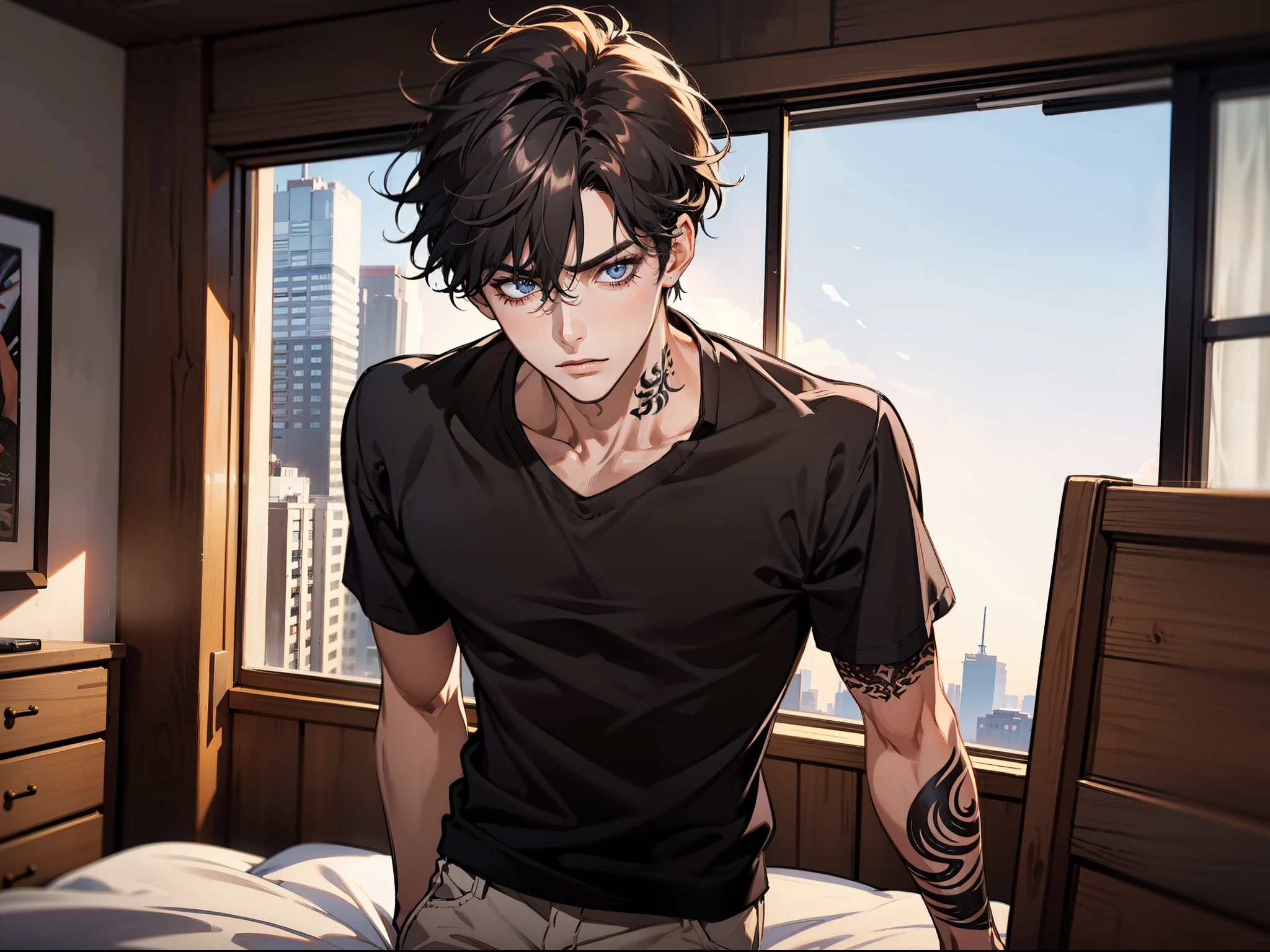 Masterpiece, best quality, high quality, ultra detailed, A handsome boy, 20 years old, standing in the bedroom, with a serious expression, looking at the camera, delicate facial features, hair is medium, wearing a black shirt, neck and arm tattoos