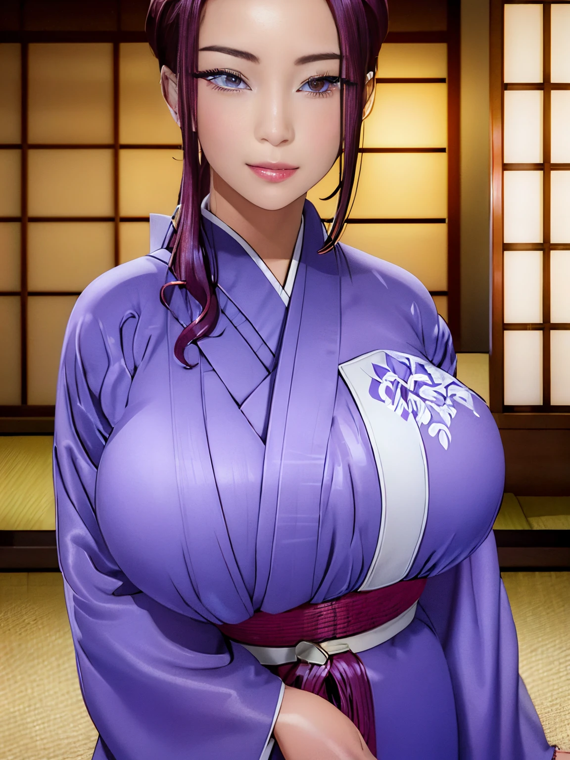 High resolution, Highest Quality, Illustration, super detailed, (Detailed face), (Detailed eyes), Cinematic lighting, Best Quality, super detailed, masutepiece, fine lines, 1girl in, Solo, Red hair, Purple eyes,, Bright eyes, Large breasts, Clear, (Colorful), Upper body, scissors in hand, Indoor, Well-behaved girl, Imperial Japanese uniform