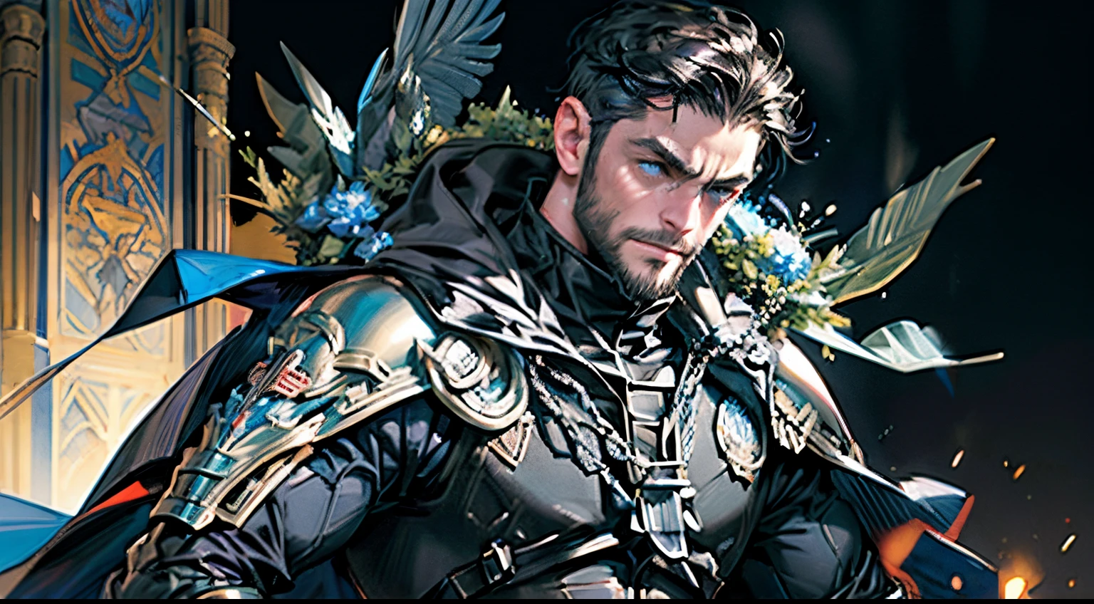 Highest quality, masterpiece, male, black super short hair, blue eyes, armor, cape, brightly colored, bright picture, paladin, muscular, short beard, mature, glowing particle special effects, church, national character face, tall, strong, rough face, falling feathers