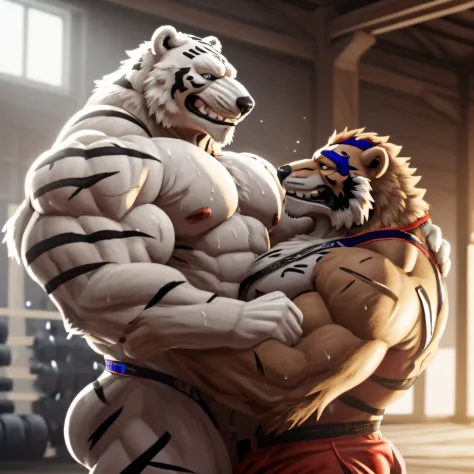 Bodybuilder white tiger and polar bear posing in side chest position and flexing in gym with grin face and big erect  and sweat body.