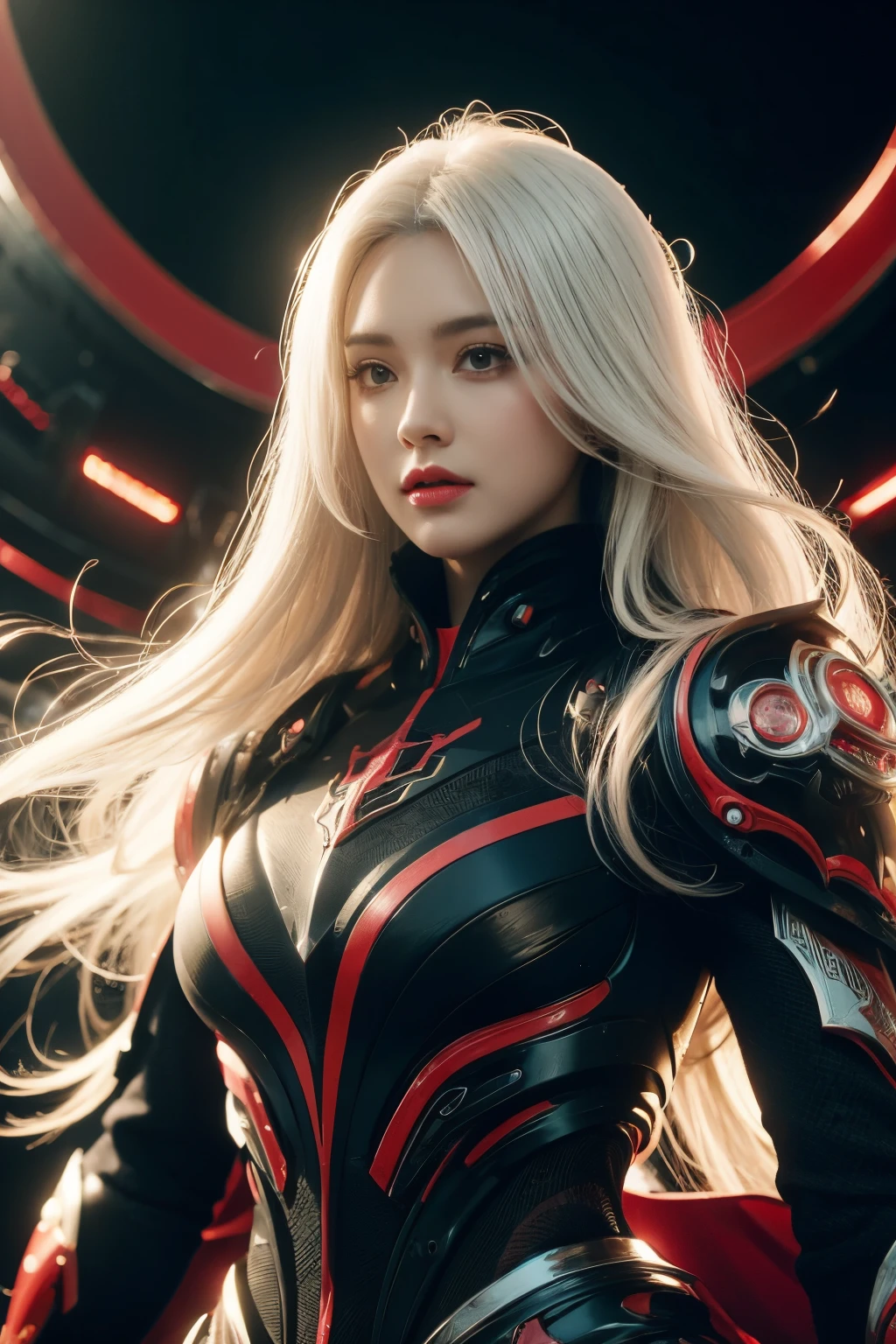 Portrait of a beautiful girl with wavy white hair, wearing a formal black dress with metal parts, red eyes, monograms in the background, digital painting, dark colors, 8k, complex details, vintage, retro futuristic style, sharp focus on the center, pastel colors, art station, (sci-fi, future, future theme), (facial expression looking with disdain), (detailed illustration)