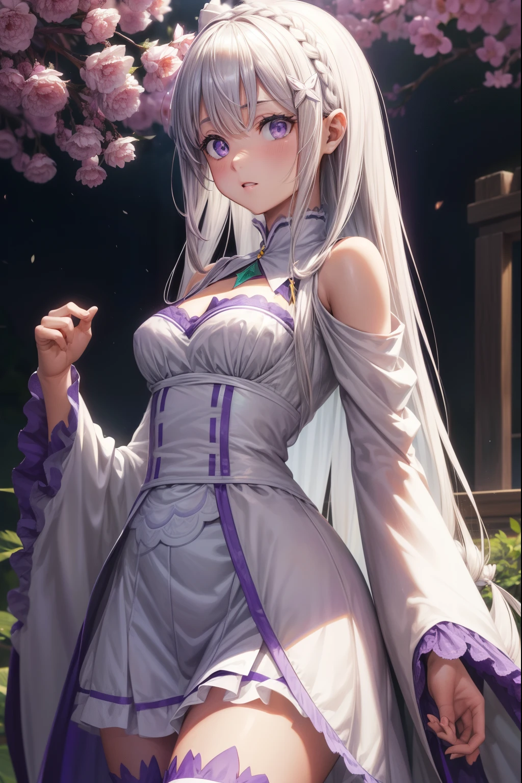 Rezeroemilia, emilia, braid, crown braid, flower, hair flower, hair ornament, Love para el cabello, long hair, pointy ears, (purple eyes:1.2), cana, x hair ornament,
Collar separado TO BREAK, separate sleeves, ruffled sleeves, steering wheels, long sleeves, miniSkirt, Skirt plisada, Love, Skirt, thighsjumps, Skirt blanca, white sleeves, white thighs, wide sleeves, The Great Passage,
REST outdoors, City,
REST looking at the viewer, TO BREAK (Masterpiece:1.2), The best quality, High resolution, Unity 8K Wallpaper, (illustration:0.8), (Beautiful detailed eyes:1.6), extremely detailed face, Perfect lighting, Extremely detailed CG, (perfect hands, perfect anatomy),