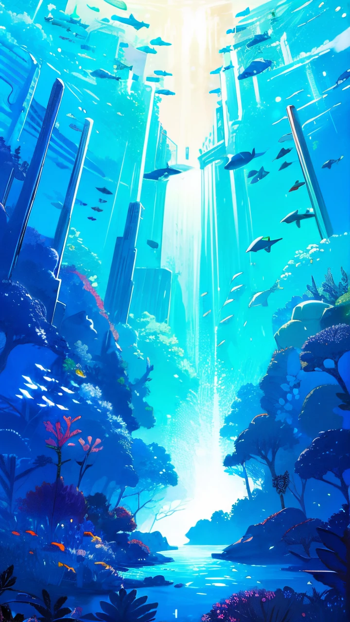 Children's drawing, Stunningly detailed, cute design, ocean floor, Fine details in blue main color, The corals, filled with fauna, Eau, plethora of colors, a fairy world, 2d, Color Field painting, anime, Art Deco, high detail, Conceptual art, masterpiece