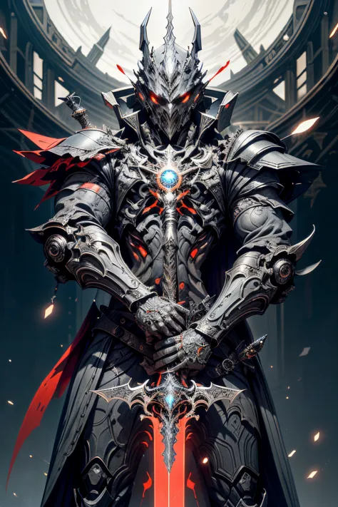 "Original photo with dark fantasy and cyberpunk vibe, Features a powerful fusion of a large revolver and a sword wielded by the Red，With 1.1x accent, Create sharp contrasts. The composition represents a mechanical marvel with the presence of robots, Evoke ...