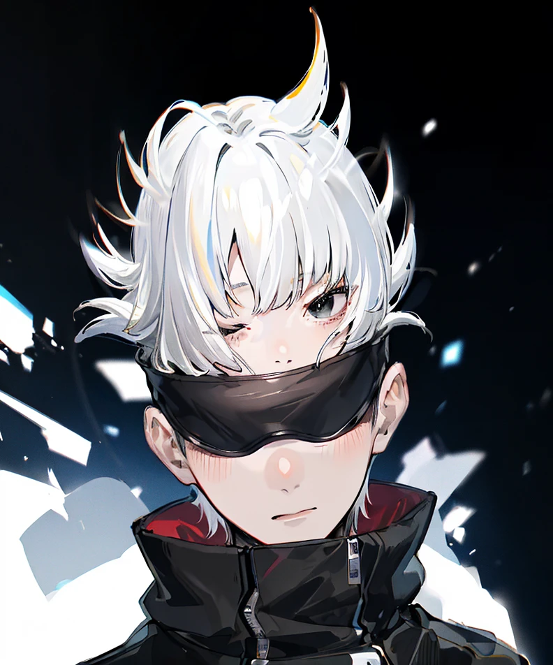 (absurdress, hight resolution, Ultra Detailed, HDR), Masterpiece, Best Quality, 1male, 独奏, Beautiful, Short hair, white colored hair, black blindfolded, black jacket, Gojo, galaxy background