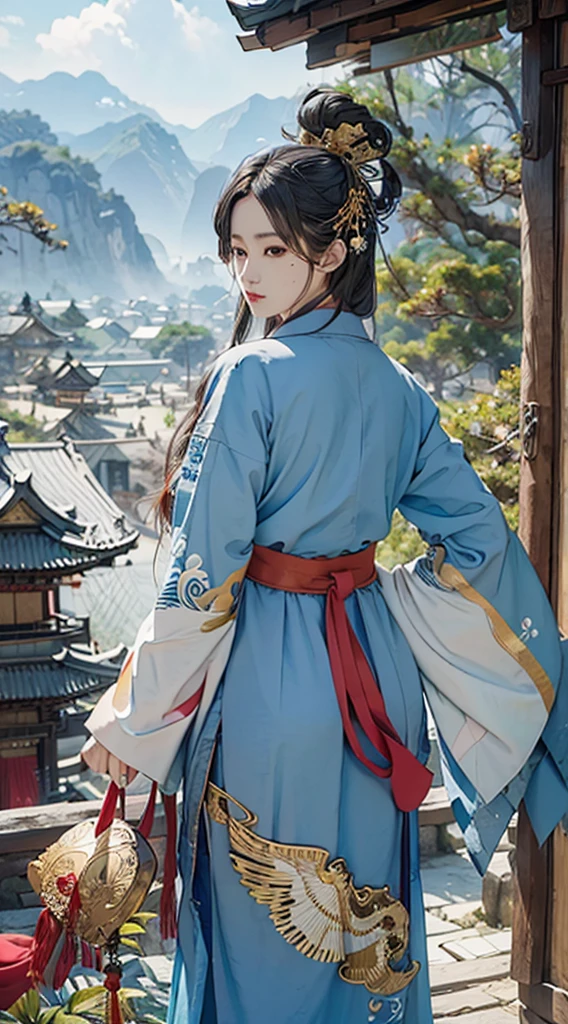 Black hair, Brown eyes, shairband, ribbons, Gold beaded butterfly hairpin，With the clouds，Red Belt, Blue Hanfu,, Horse face skirt，Tuan fan, Fan in hand, BREAK outdoors, a temple background, China-style，BREAK looking at viewer, BREAK BREAK BREAK (tmasterpiece:1.2), Best quality at best, A high resolution, Unity8k wallpapers, (illustratio:0.8), (美丽细致的眼睛:1.6), Extremely detailed face, perfect litthing, extremely higly detailed, (Perfect hands, perfect anatomia),