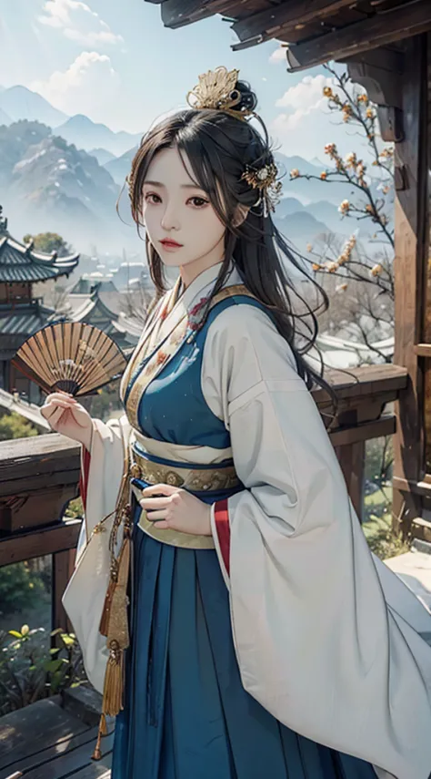 black hair, brown eyes, shairband, ribbons, gold beaded butterfly hairpin，with the clouds，red belt, blue hanfu,, horse face skir...