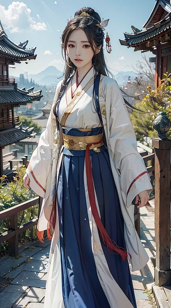 Black hair, Brown eyes, shairband, ribbons, Gold beaded butterfly hairpin，With the clouds，Red Belt, Blue Hanfu,, Horse face skirt，Tuan fan, Fan in hand, BREAK outdoors, a temple background, China-style，BREAK looking at viewer, BREAK BREAK BREAK (tmasterpiece:1.2), Best quality at best, A high resolution, Unity8k wallpapers, (illustratio:0.8), (美丽细致的眼睛:1.6), Extremely detailed face, perfect litthing, extremely higly detailed, (Perfect hands, perfect anatomia),