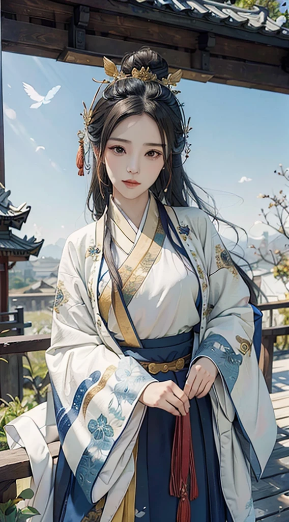 Black hair, Brown eyes, shairband, ribbons, Gold beaded butterfly hairpin，With the clouds，Red Belt, Blue Hanfu,, Horse face skirt，Tuan fan, Fan in hand, BREAK outdoors, a temple background, China-style，BREAK looking at viewer, BREAK BREAK BREAK (tmasterpiece:1.2), Best quality at best, A high resolution, Unity8k wallpapers, (illustratio:0.8), (美丽细致的眼睛:1.6), Extremely detailed face, perfect litthing, extremely higly detailed, (Perfect hands, perfect anatomia),