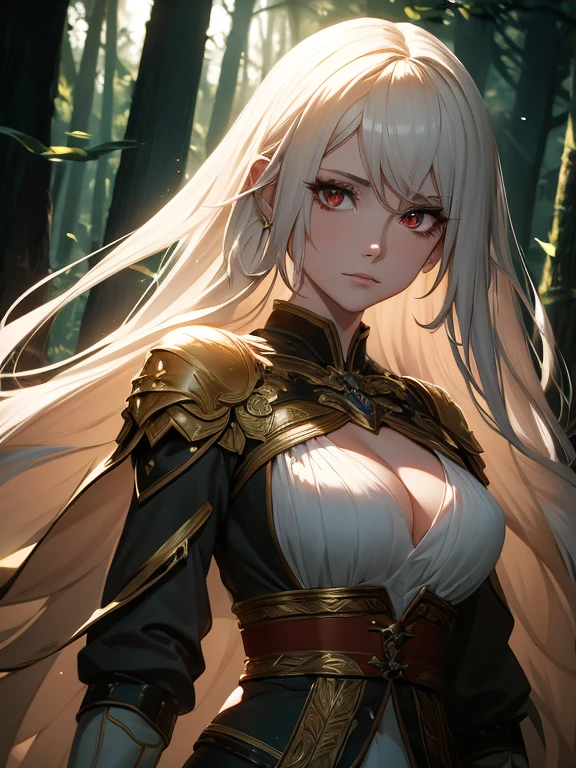 A stunning girl with long white hair, fair skin, and red eyes, in a forest with cinematic film lighting, dark and low-lit. She is wearing a white dress with golden hues, her eyes focused, looking at the viewer. Her skin is fair, her face delicate and flawless, a masterpiece, a work of art of the highest quality. The image is an incredibly detailed 8K CG wallpaper, with artistic cinematic lighting and film-like tones with a neutral filter.