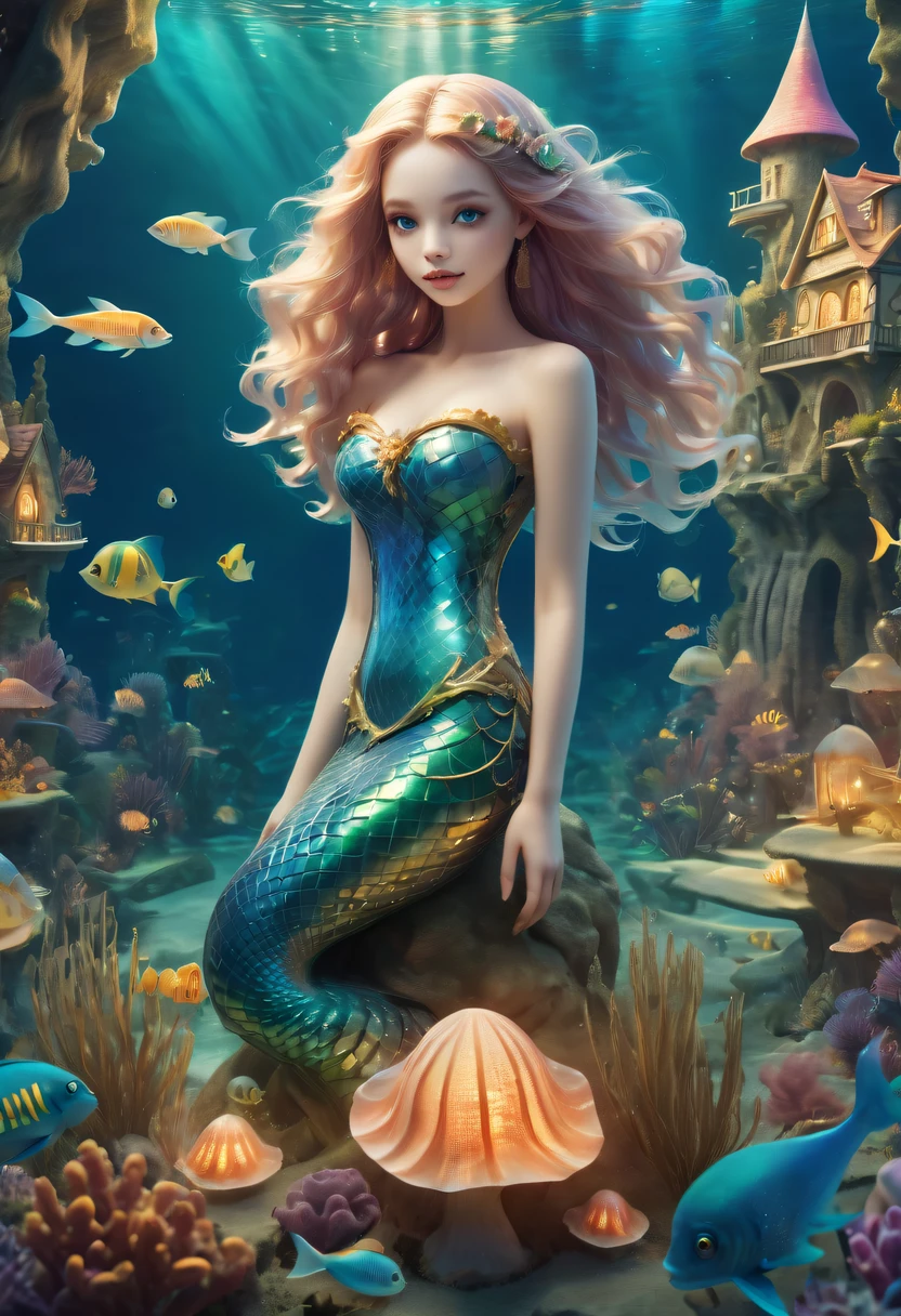 Fairy Tale Village，ocean floor，Beautiful mermaid princess