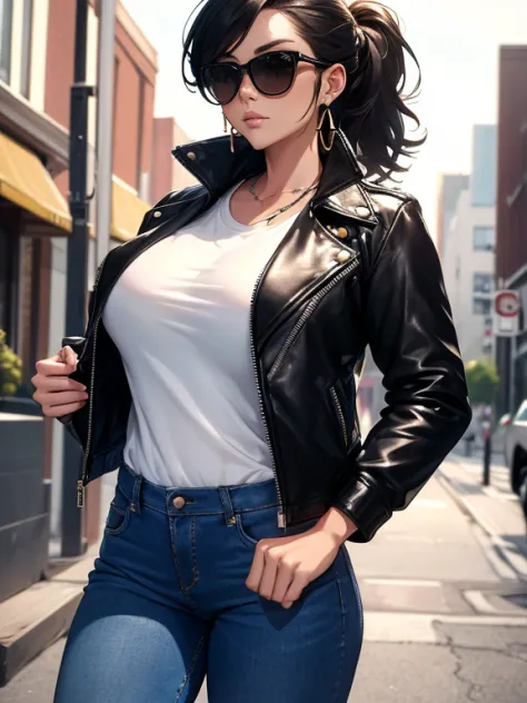 (masterpiece:1.2, best quality), 1lady, solo, upper body, big tits, chic and edgy leather jacket paired with a classic white t-s...