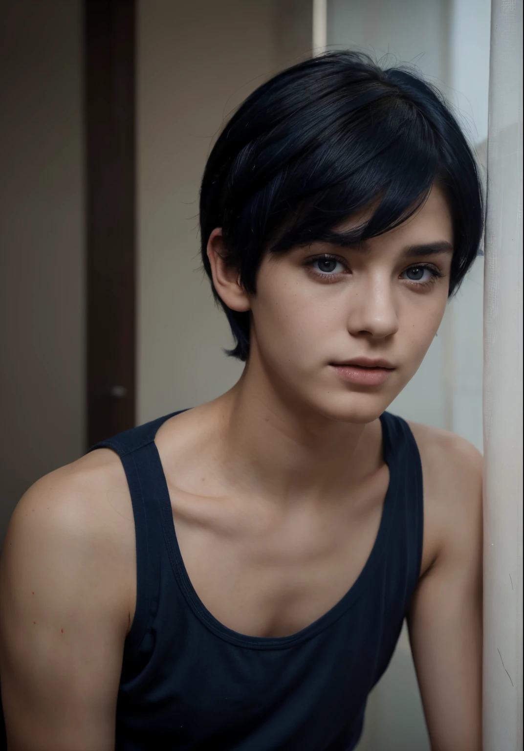 Arafed young man with black hair and a black tank top - SeaArt AI