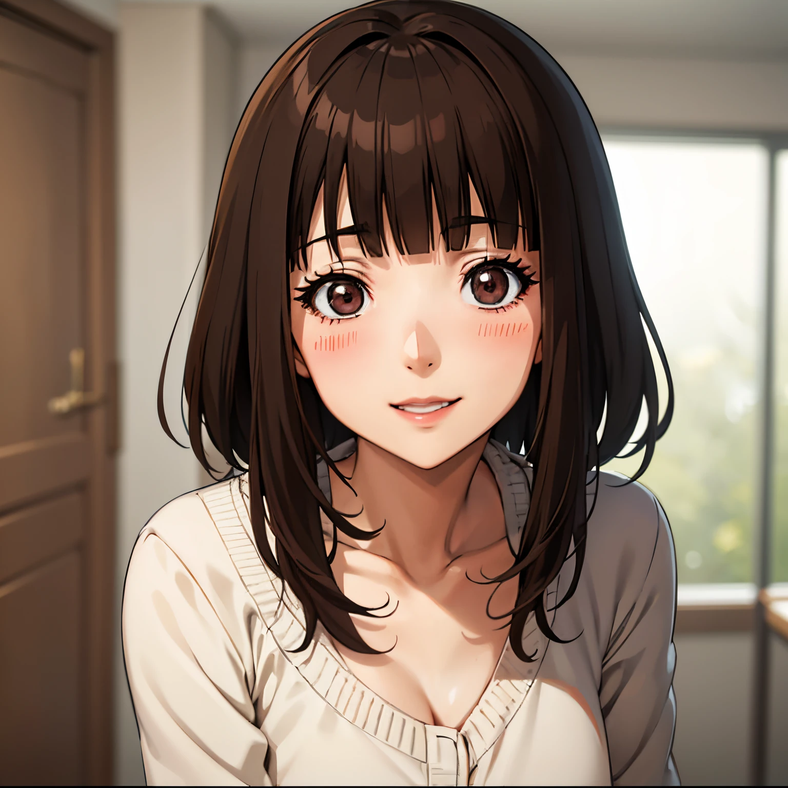 (Anime:1.2), (Best Quality:1.1), (masutepiece:1.1), (absurderes:1.0), Portrait, close-up,
1girl in, Chiyo Kurihara, bob cuts, Brown hair, Brown eyes, Bangs, Blunt bangs, medium breasts, blush, Smile, Happy, Cute, endearing,