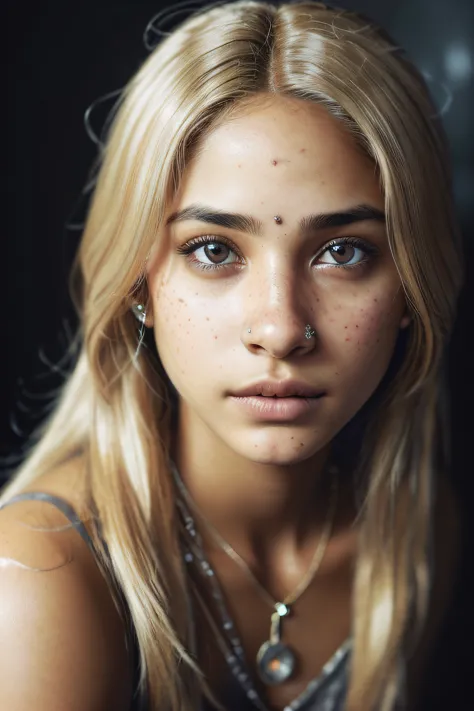 beautiful and cute brown skin girl, 8K, RAW photo, highest quality),(epic realistic:1.5), (detailed eyes:0.8),(looking at the camera:1.4), (highest quality), (best shadow),intricate details,cinematic,((skin:1.4)),interior, (medium blonde hair:1.3),dark stu...