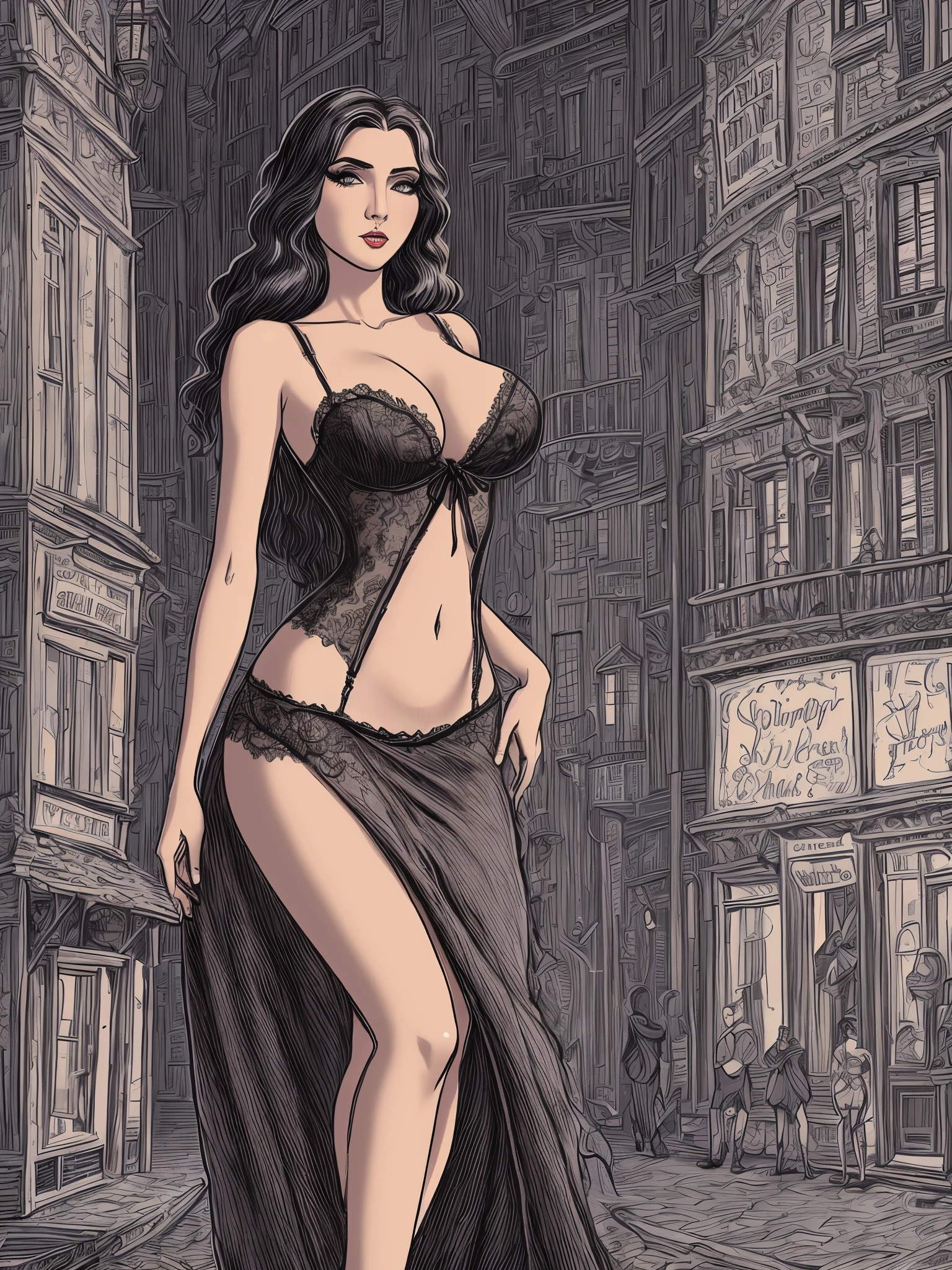 A drawing of a woman in lingerie walking down a street SeaArt AI