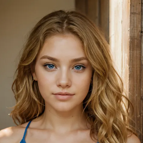 A beautiful blue-eyed woman with blond curly hair