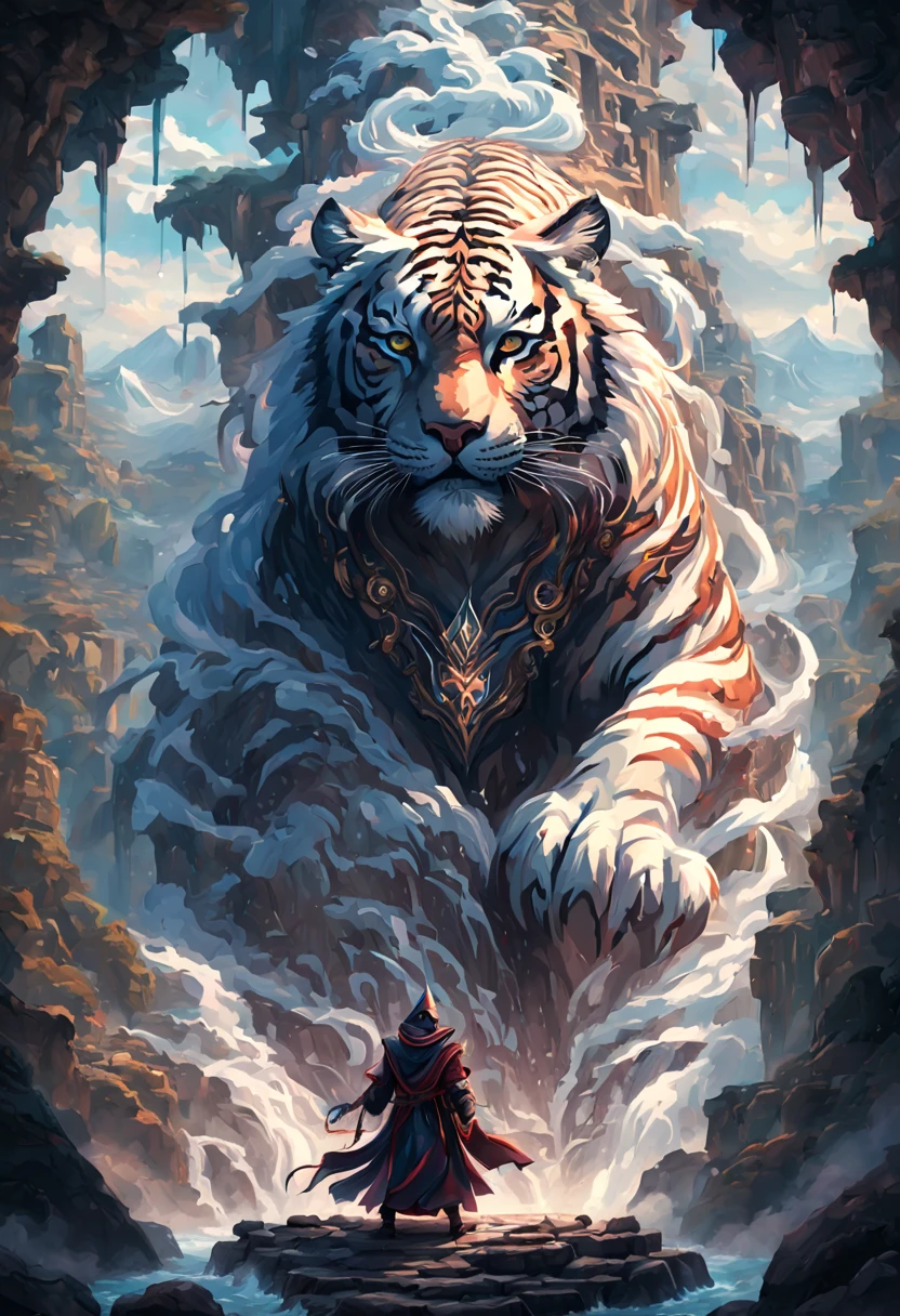 (pixel art:1.3), (solo:1.3), a mesmerizing fantasy scene where an ((anthropomorphic Tiger dark wizard)) sinister and captivating, wearing legendary robe adorned with intricate magical symbols, mystical landscape featuring majestic mountains, cascading waterfalls, ancient ruins, surround the turkey with ((swirling ominous magical energies emanating from its staff)), (best quality, masterpiece, Representative work, official art, Professional, unity 8k wallpaper:1.3)