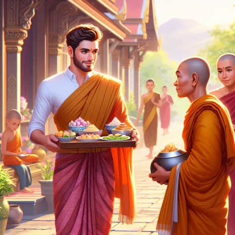 there  a man holding a tray of food with a monk, monk clothes, tithi luadthong, buddhism, buddhist monk, concept art of a monk, ...