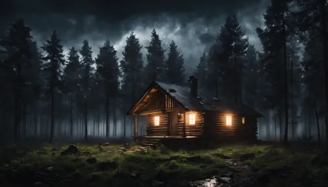 create a photo of a realistic cabin in an open forest at night with lights on, showing a cloudy sky surrounded by dark storm clouds, Fotografia 4k, dark scenery with lots of fog, solo molhado, tempo chuvoso, UHD