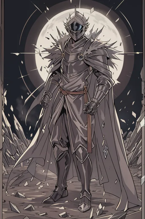 detailed, standing,upper body,  helm, crystal shards fused, skinny, ashes, black solar eclipse, "Let us die one last time", drawn detailed anime style, medieval only,