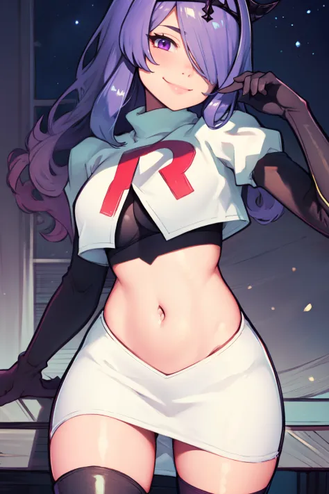 defCamilla, tiara, team rocket uniform, red letter R, white skirt,white crop top,black thigh-high boots, black elbow gloves, smile, looking at viewer, cowboy shot, sexy pose , night sky background