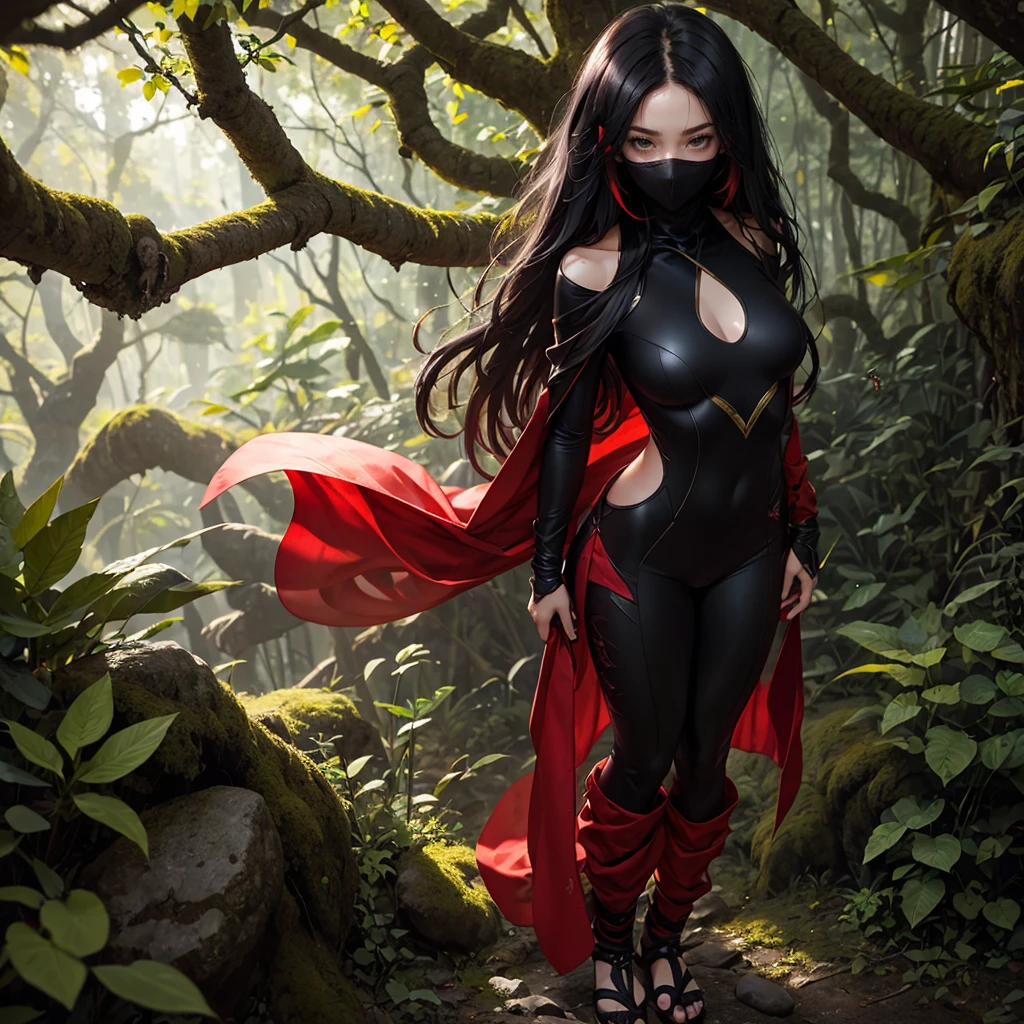 Ninja fille debout dans une forêt japonaise,combinaison de ninja noire intégrale avec un design vert et un diamant vert émeraude sur la clavicule, longs cheveux noirs flottants avec des reflets rouges, masque de ninja couvrant le nez et la bouche, Beau, délicat, 8k,