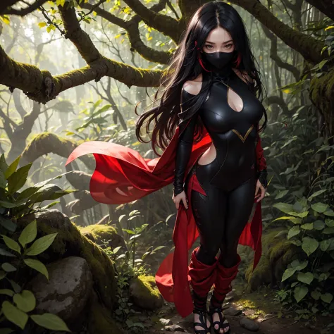 Ninja girl standing in a japnese forest,black full body ninja suit with green design and emarald green diamond on collarbone, lo...