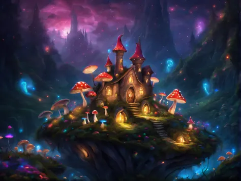 (fairy village:1,5),Fantastic and magical, Atmospheric, Obsessed, Fantasy Mushroom World, There  a mysterious castle there，There...