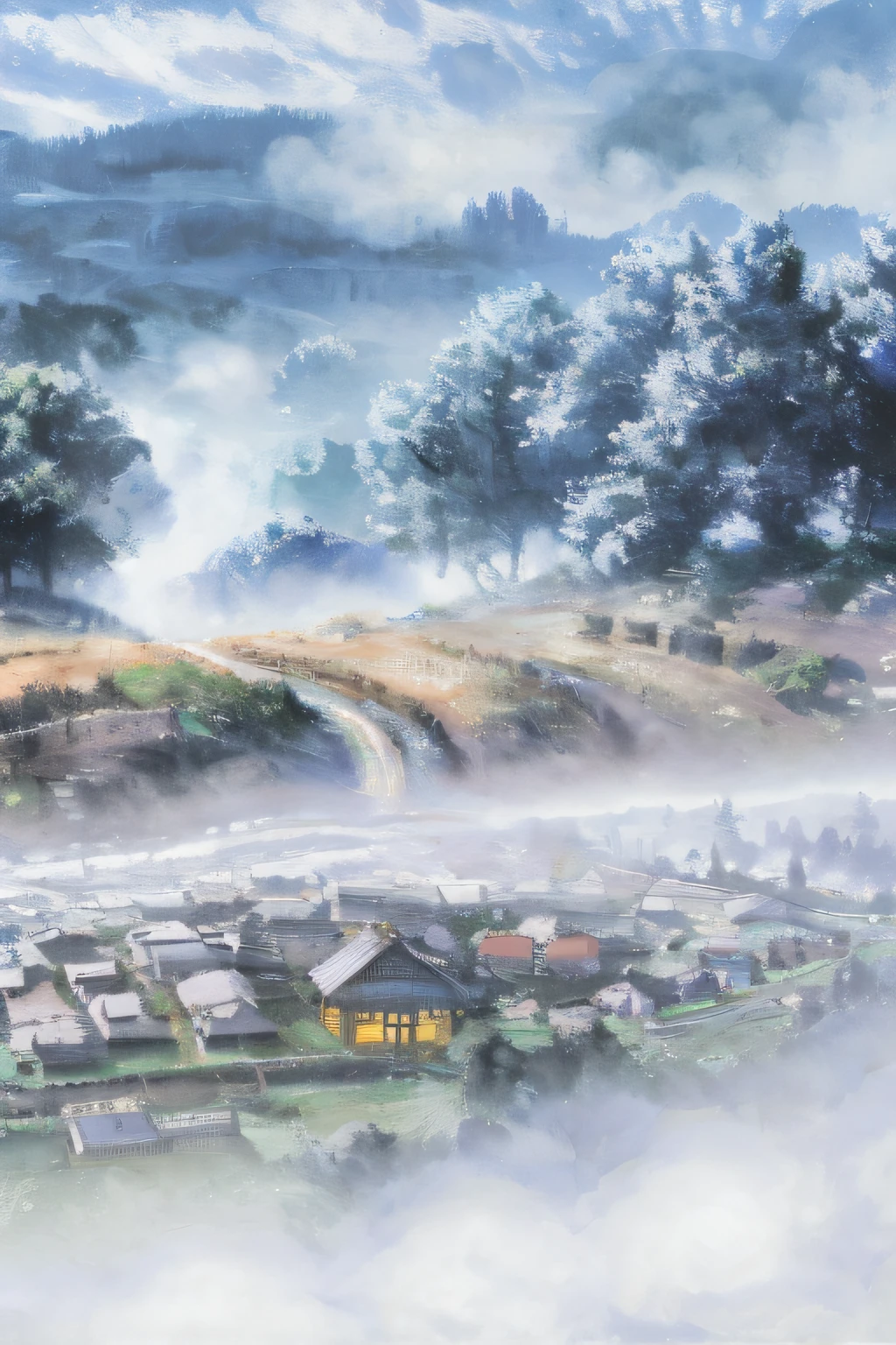 View of the village in foggy forest, China Village, Dream Chinatown, foggy ghost town, old asian village, Beautiful fog, magical white fog, mist below buildings, A village hidden in the forest, Foggy sections, thatched roof, Linzhongcun), magic fog, villages, thin fog, foggy part, There  fog, by Xia Yong