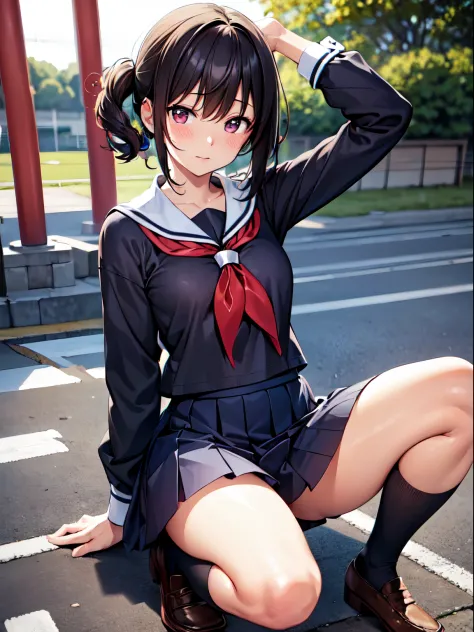 (Best Quality,hight resolution,masutepiece:1.2),Ultra-detailed,(Realistic,Photorealistic,Photorealsitic:1.37),Game CG,1girl in, a five years girl, Black hair, (half up:1.1), (small tits:1.3), (Japan School Uniforms:1.5), Eyes and faces with detailed, Blush...