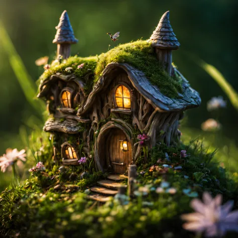 Macro photography, Macro photograph of a magical microcosm in the tall grass., small fairy village with fairies, Small village in the middle of tall grass, little fairy fairy houses, Among the tall grass, fairy village with fairies with their own details, ...