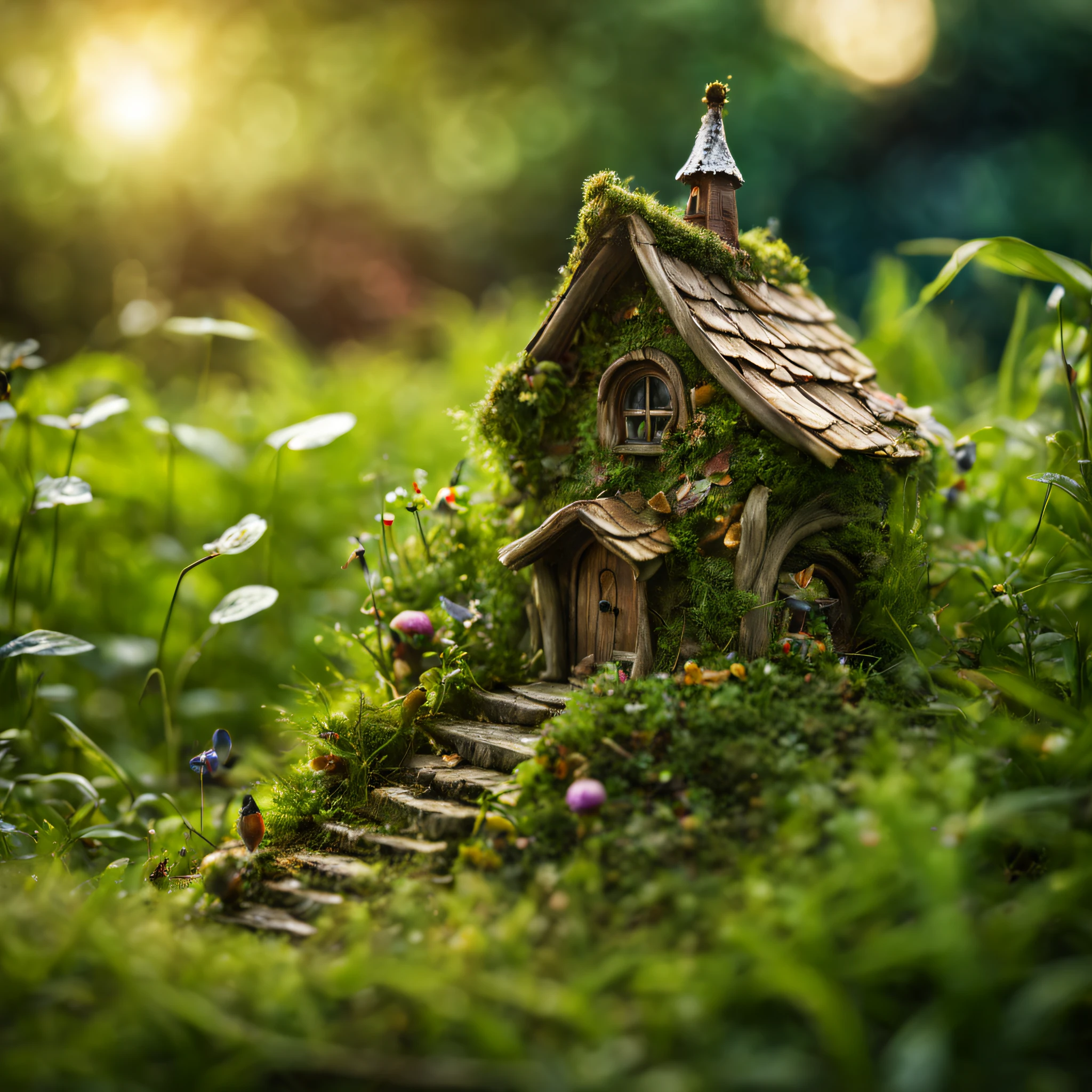 Macro photography, Macro photograph of a magical microcosm in the tall grass., small fairy village with fairies, Small village in the middle of tall grass, little fairy fairy houses, Among the tall grass, fairy village with fairies with their own details, great depth of field, Hi-Def, Extremely realistic, Extremely detailed, cinematic treatment, HDR, Photorealistic, tmasterpiece