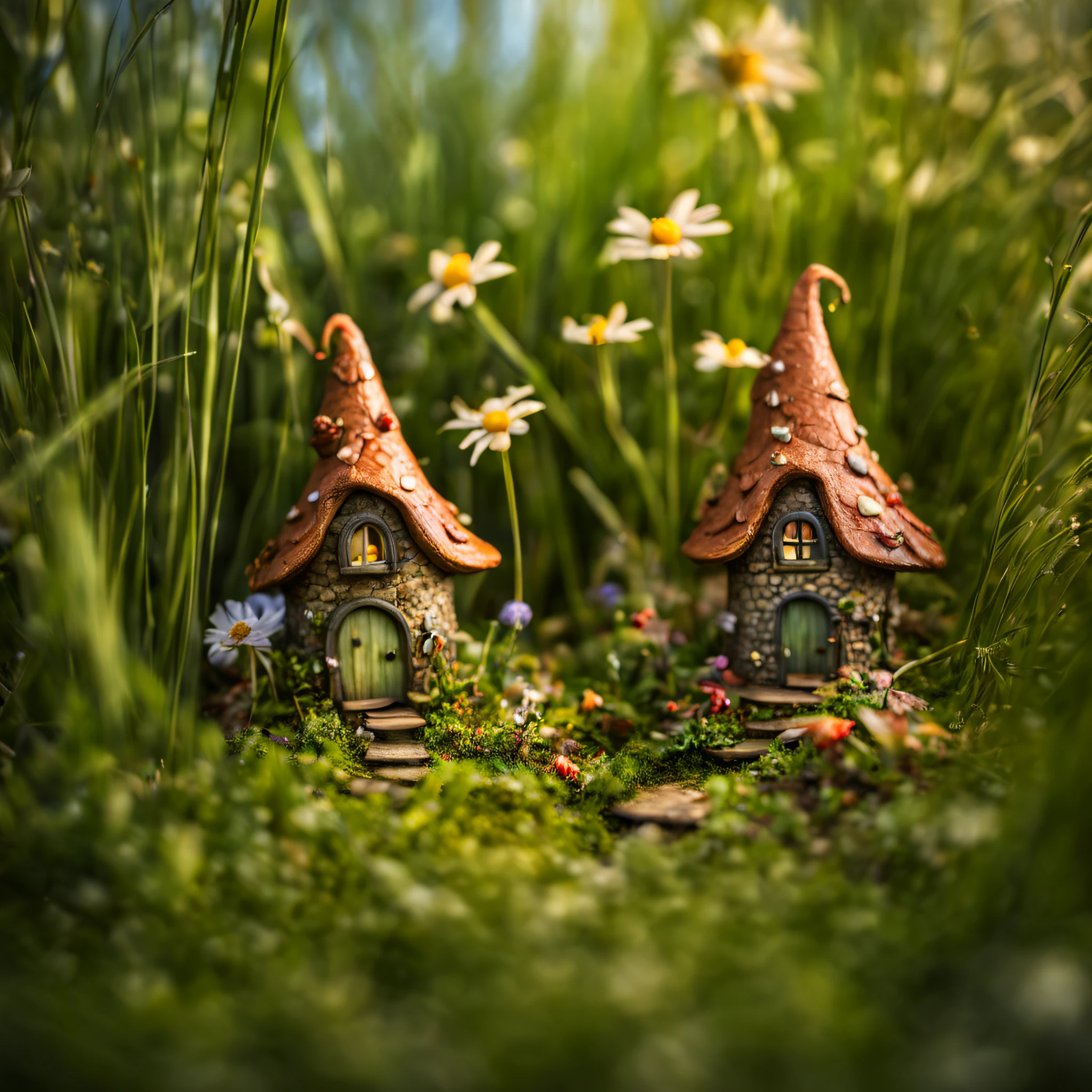 Macro photography, Macro photograph of a magical microcosm in the tall grass., small fairy village with fairies, Small village in the middle of tall grass, little fairy fairy houses, Among the tall grass, fairy village with fairies with their own details, great depth of field, Hi-Def, Extremely realistic, Extremely detailed, cinematic treatment, HDR, Photorealistic, tmasterpiece