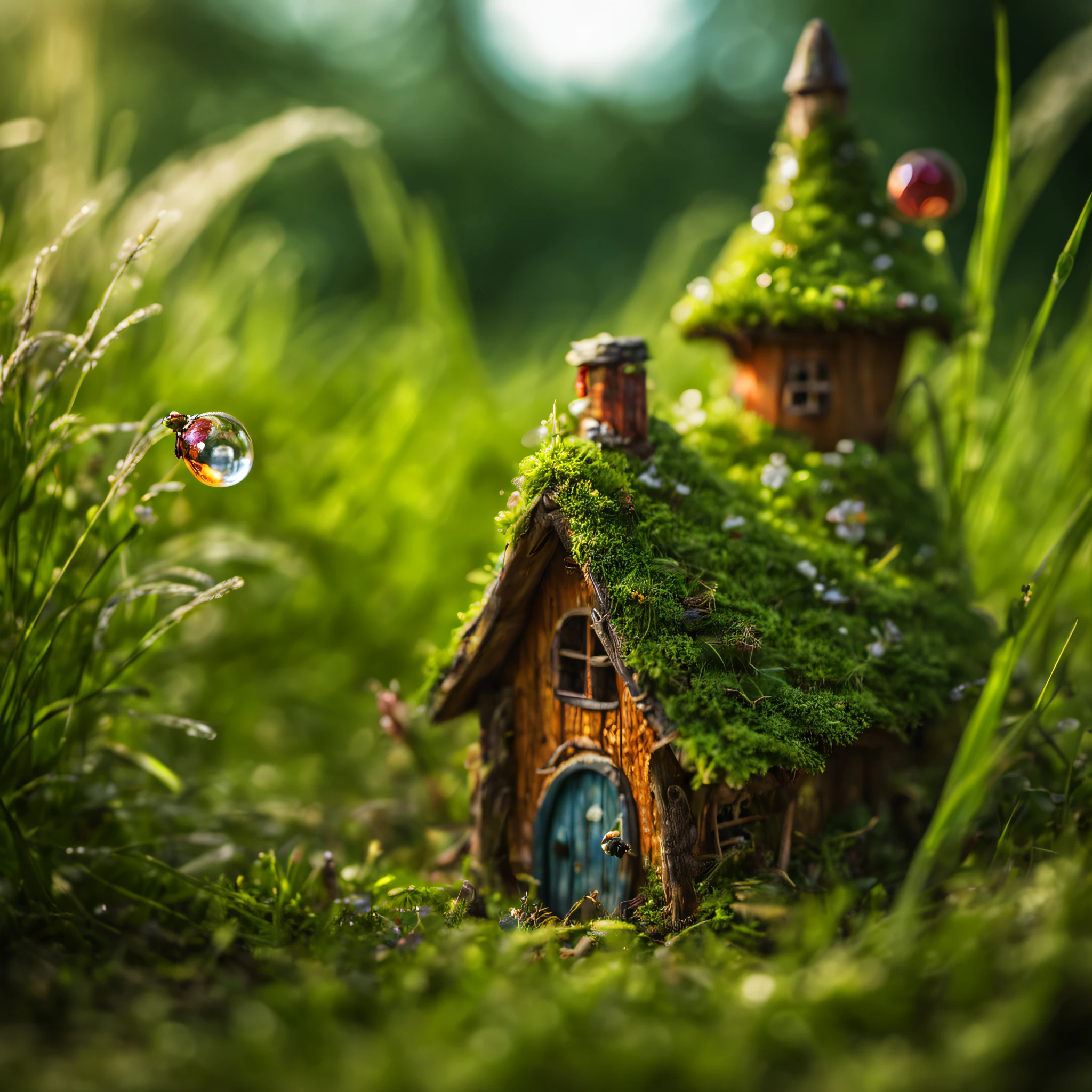 Macro photography, Macro photograph of a magical microcosm in the tall grass., small fairy village with fairies, Small village in the middle of tall grass, little fairy fairy houses, Among the tall grass, fairy village with fairies with their own details, great depth of field, Hi-Def, Extremely realistic, Extremely detailed, cinematic treatment, HDR, Photorealistic, tmasterpiece