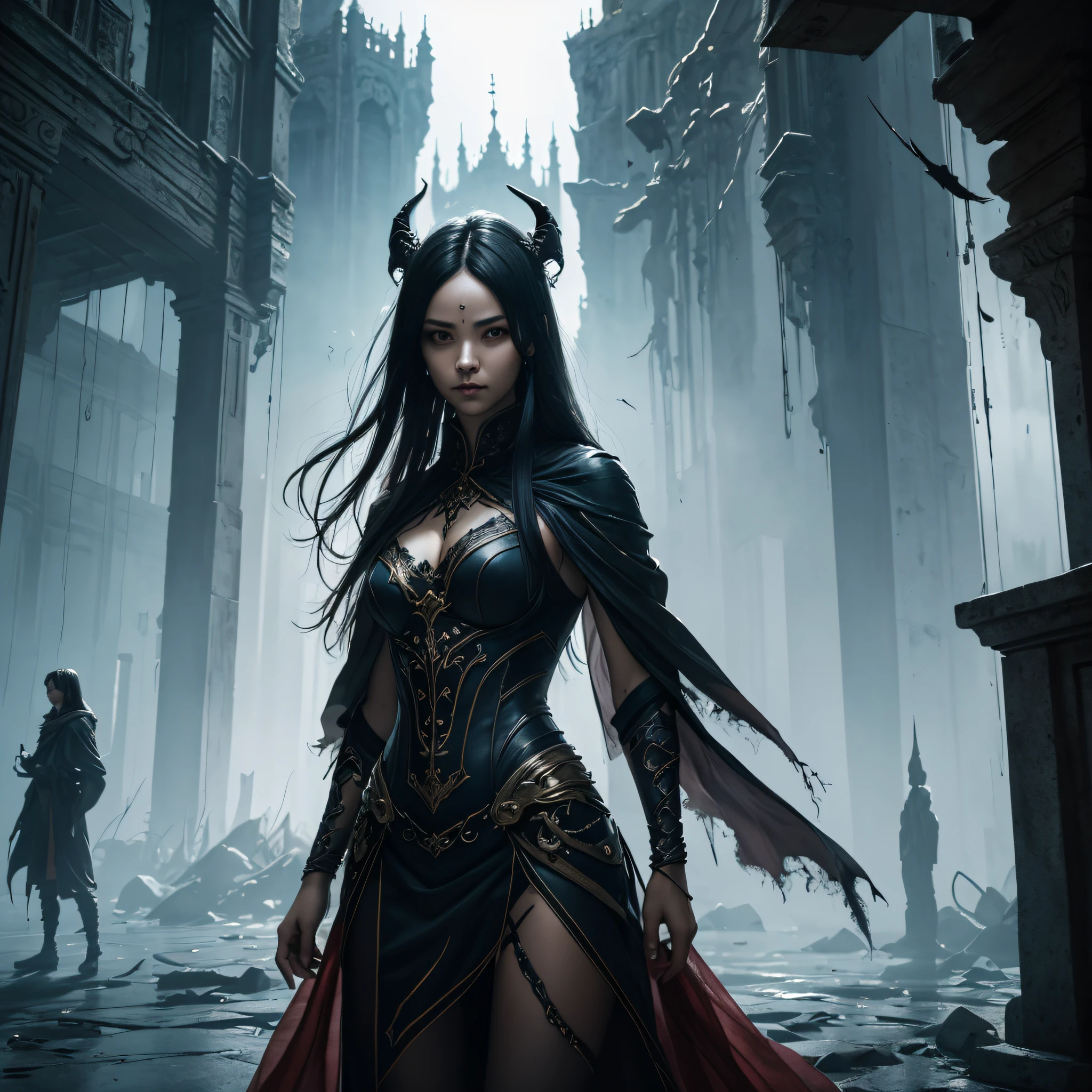 A woman wearing a red dress and cloak, There are long horns on the head, Stand in front of an old castle. There are tears in her eyes. Artwork rendered in low poly style by John La Gatta. It captures emerging trends in the CG world, A combination of fantasy and art. The overall scene has a dark world atmosphere, Fight multiple factions, Vampire  one of them. Emphasized by using sublime lighting techniques. A woman’s eyes and face are extremely detailed, Highlight the charming eyes of death. She exudes mystery and aura, Her lips are beautifully painted. Her appearance  both captivating and disturbing. She exudes strength and dominance, Show her confident attitude. The castle behind her looks intricate, Capturing its ancient and ominous essence. The environment exudes a mysterious atmosphere, Enhance the atmospheric quality of images. This  a masterpiece，Demonstrate the incredible level of detail achieved through 3D rendering. The use of ultra-fine painting techniques and physically based rendering further enhances the realism of the images. The colors used are lively and lively, Capture the intensity of a scene. In terms of artistic style, The image combines elements of modern fantasy. it embraces the dark and supernatural, Create a sense of unease and curiosity. Stable diffusion will produce visually stunning images，A powerful and mysterious woman stands in front of an ancient castle, evoke a sense of mystery, Fantastical, and darkness.