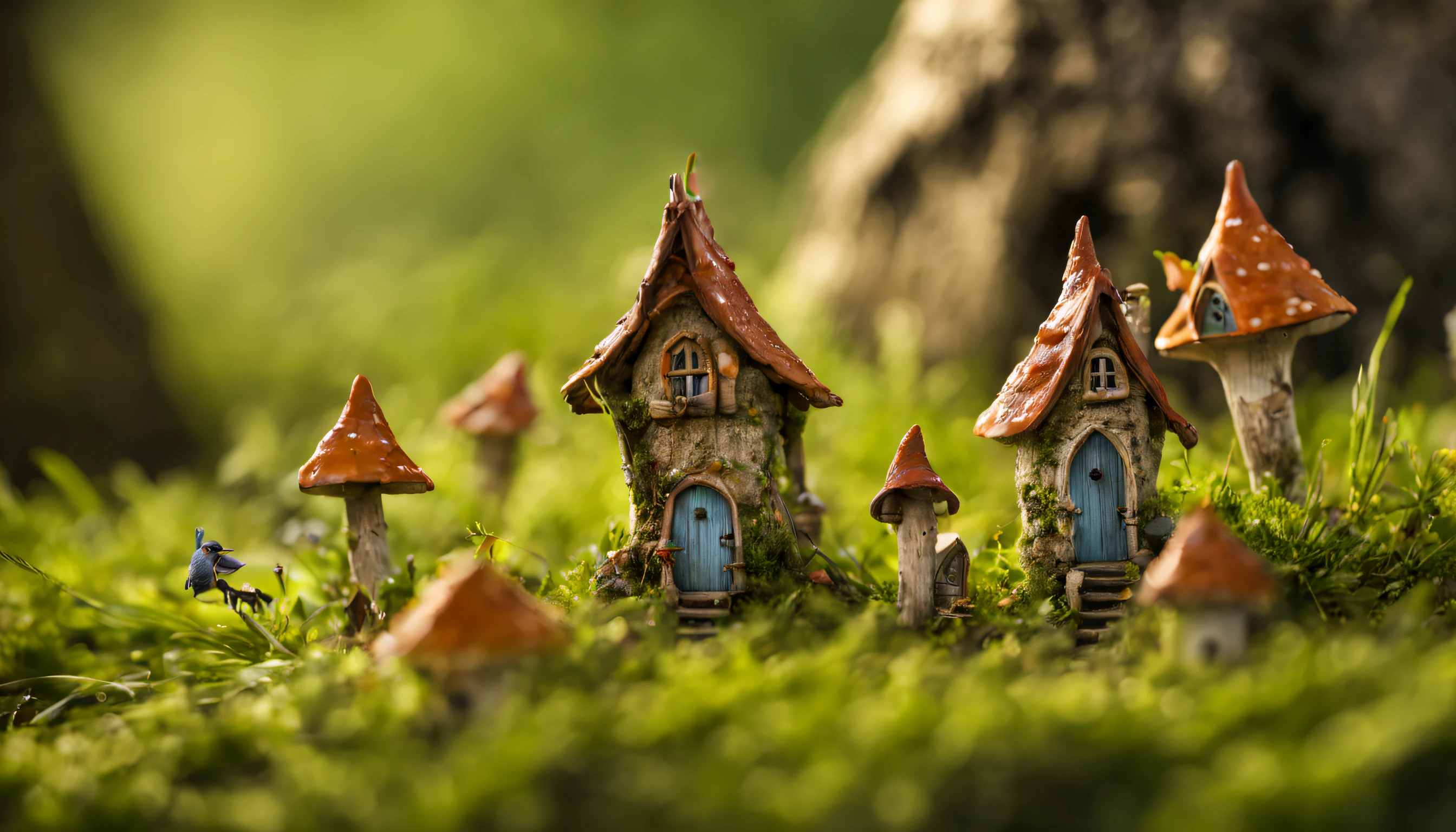 Macro photography, Macro photograph of a magical microcosm in the tall grass., small fairy village with fairies, Small village in the middle of tall grass, little fairy fairy houses, Among the tall grass, fairy village with fairies with their own details, great depth of field, Hi-Def, Extremely realistic, Extremely detailed, cinematic treatment, HDR, Photorealistic, tmasterpiece