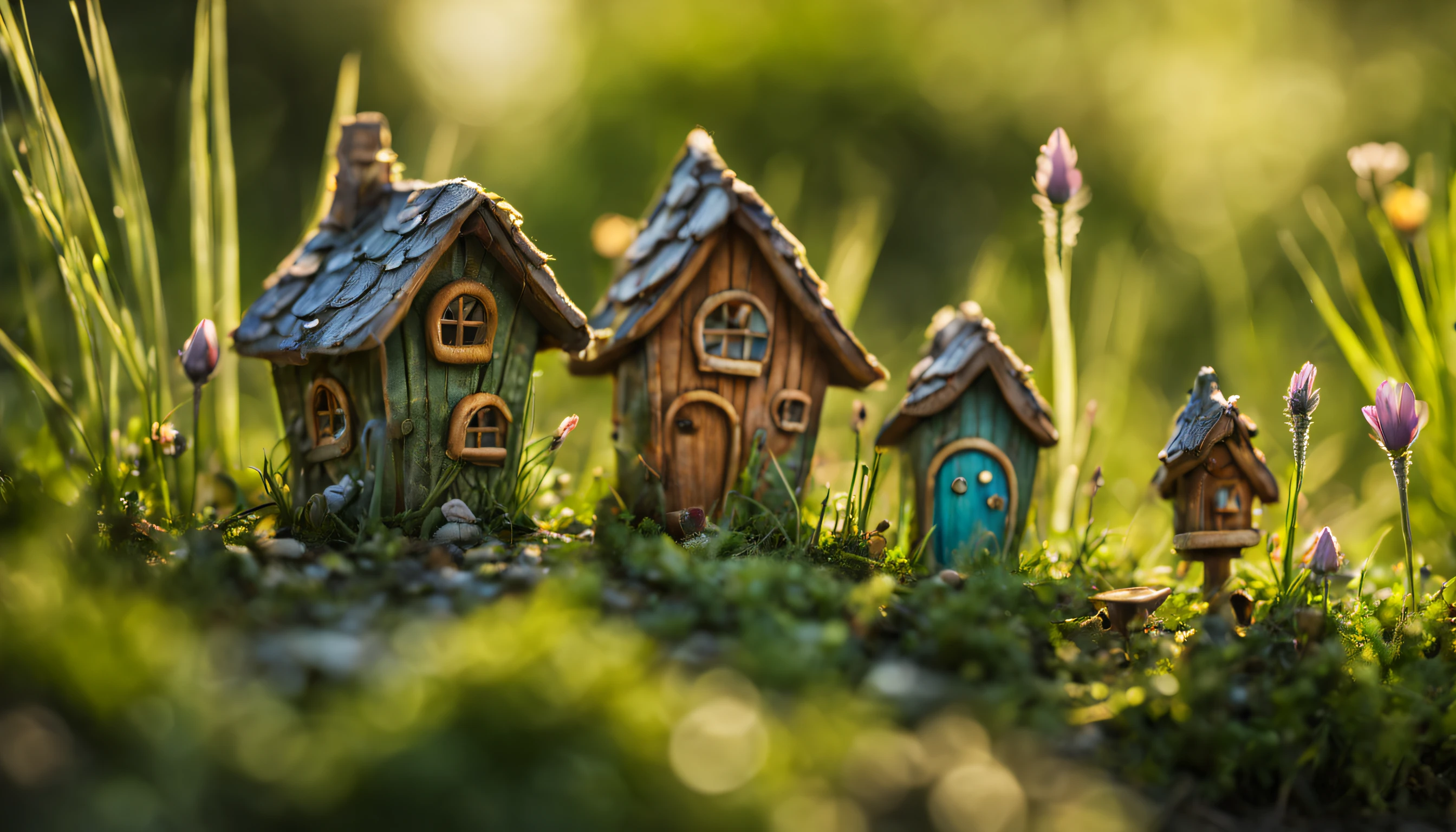 Macro photography, Macro photograph of a magical microcosm in the tall grass., small fairy village with fairies, Small village in the middle of tall grass, little fairy fairy houses, Among the tall grass, fairy village with fairies with their own details, great depth of field, Hi-Def, Extremely realistic, Extremely detailed, cinematic treatment, HDR, Photorealistic, tmasterpiece