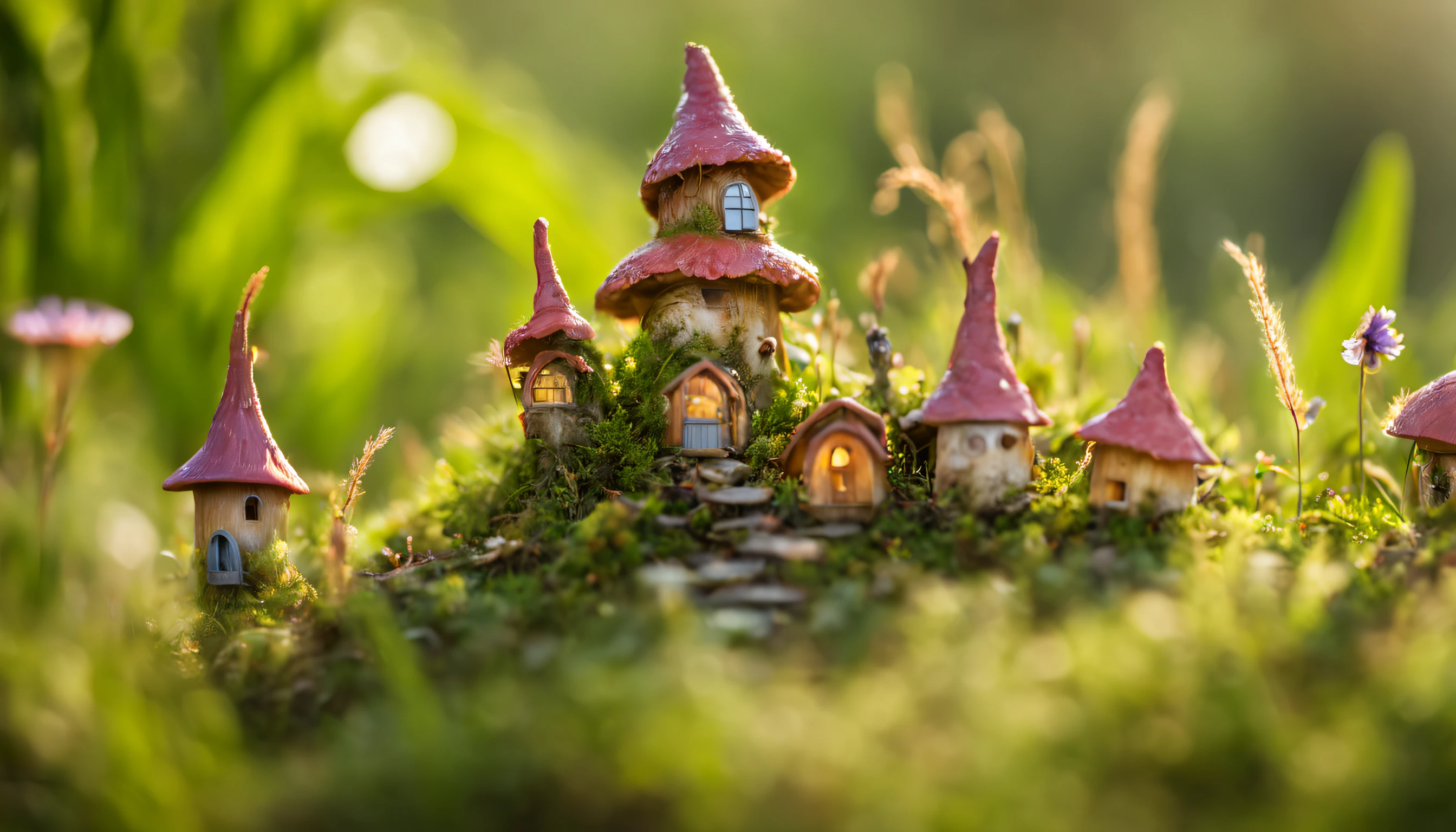 Macro photography, Macro photograph of a magical microcosm in the tall grass., small fairy village with fairies, Small village in the middle of tall grass, little fairy fairy houses, Among the tall grass, fairy village with fairies with their own details, great depth of field, Hi-Def, Extremely realistic, Extremely detailed, cinematic treatment, HDR, Photorealistic, tmasterpiece