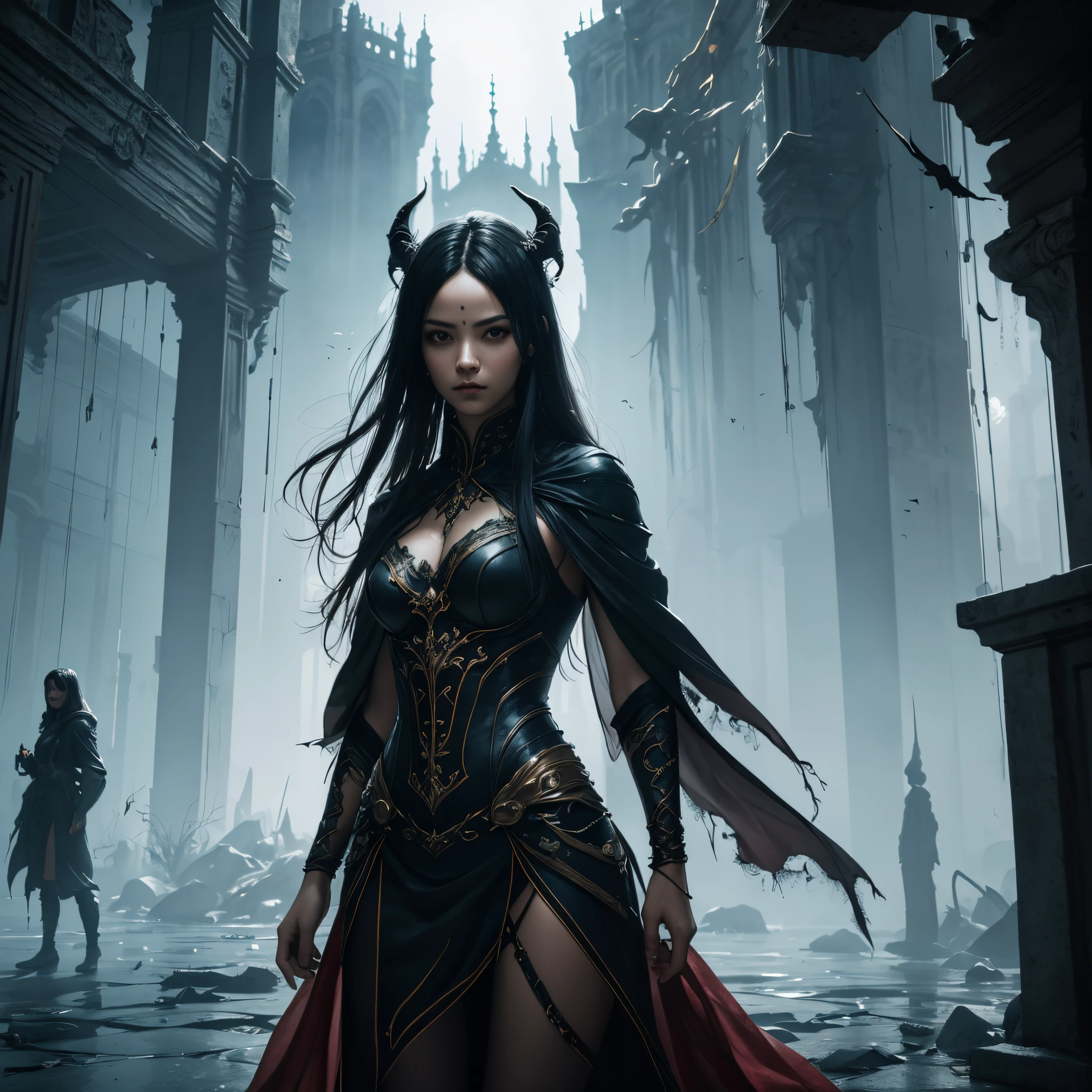 A woman wearing a red dress and cloak, There are long horns on the head, blonde with blue eyes，a woman vampire，sorceress woman，Stand in front of an old castle. tears in her eyes. Artwork rendered in low poly style by John La Gatta. It captures emerging trends in the CG world, A combination of fantasy and art. The overall scene has a dark world atmosphere, Fight against multiple factions, Vampire  one of them. Emphasized by using sublime lighting techniques. A woman’s eyes and face are extremely detailed, Highlight the charming eyes of death. She exudes mystery and aura, Her lips are beautifully painted. Her appearance  both captivating and disturbing. She exudes strength and dominance, Show her confident attitude. The castle behind her looks intricate, Capturing its ancient and ominous essence. The environment exudes a mysterious atmosphere, Enhance the atmospheric quality of images. This  a masterpiece，Demonstrate the incredible level of detail achieved through 3D rendering. The use of ultra-fine painting techniques and physically based rendering further enhances the realism of the images. The colors used are lively and lively, Capture the intensity of a scene. In terms of artistic style, The image combines elements of modern fantasy. it embraces the dark and supernatural, a feeling of unease and curiosity. Stable diffusion will produce visually stunning images，A powerful and mysterious woman stands in front of an ancient castle, evoke a sense of mystery, dream-like, and darkness.