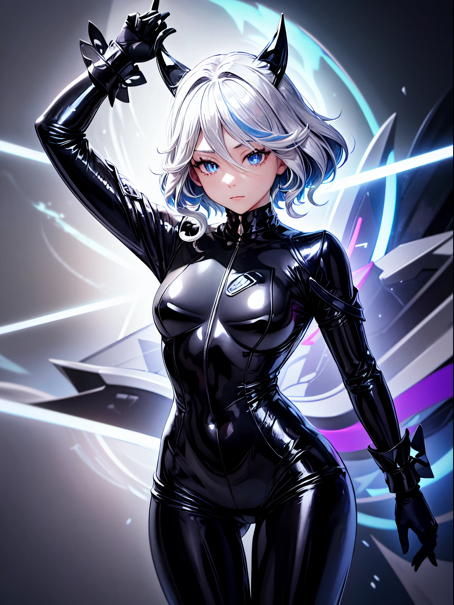 5 8K Ultra HD、Beautiful woman with silver hair and small nose，Wearing a black shiny black full body rider suit，Wearing a black full-face helmet that covers the entire head，Stand with both sides facing forward、Wearing a shiny black latex slider suit，hidden skin、Shiny Black Latex Slider Set、upper part of body