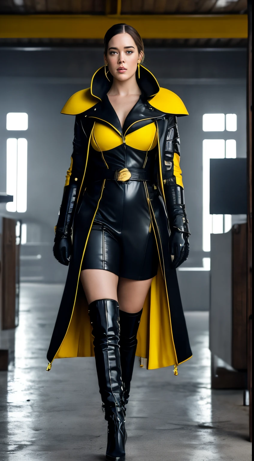 A woman in a black and yellow outfit and boots - SeaArt AI